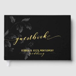 Zwart Acanthus Leaf Gold Script Elegant Wedding Gastenboek