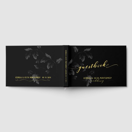 Zwart Acanthus Leaf Gold Script Elegant Wedding Gastenboek (Volledig)