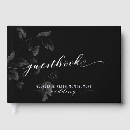 Zwart Acanthus Leaf Zilver Script Elegante bruilof Gastenboek (Voorkant)