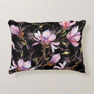 Zwart Achtergrond Roze Magnolia Waterverf Accent Kussen