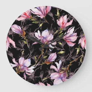 Zwart Achtergrond Roze Magnolia Waterverf Grote Klok