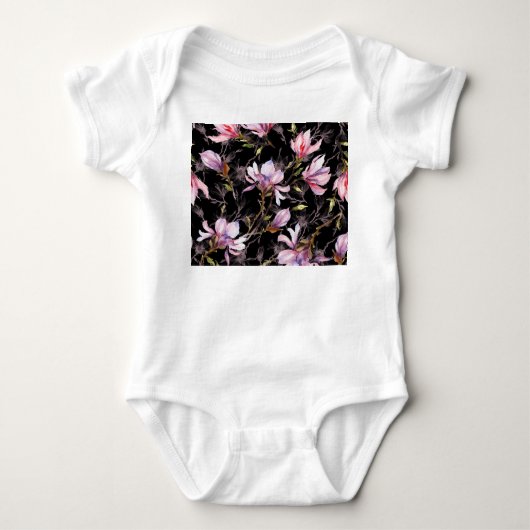 Zwart Achtergrond Roze Magnolia Waterverf Romper (Voorkant)