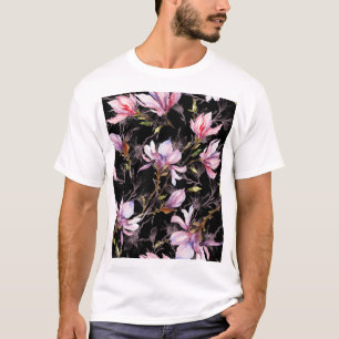 Zwart Achtergrond Roze Magnolia Waterverf T-shirt