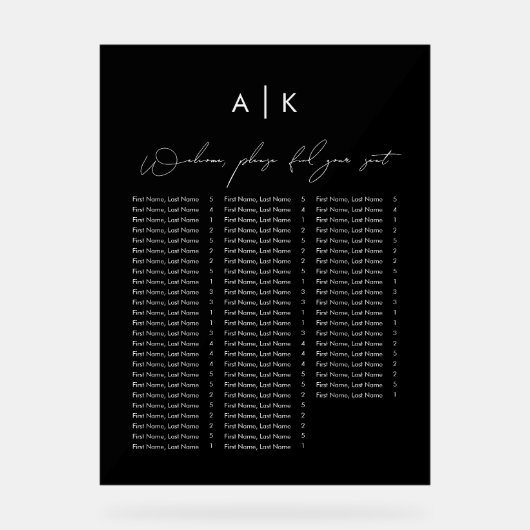 Zwart acryl zitschema bord (Voorkant)