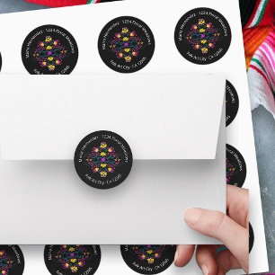 Zwart adres van Mexicaanse Fiesta Party Flowers Ronde Sticker