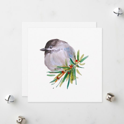 Zwart afgedekte Chickadee Watercolor Feestdagenkaart (Voorkant / Achterkant in situ)