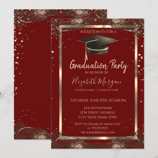 Zwart Afstudeerder Pet Diamanten Rood Afstuderen Kaart (Voorkant / Achterkant)