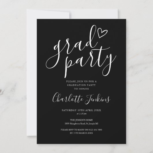 Zwart afstudeerfeest script hart afstudeerfeest kaart (Voorkant)