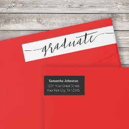 Zwart afstudeerlabel met modern rondlopend schrift