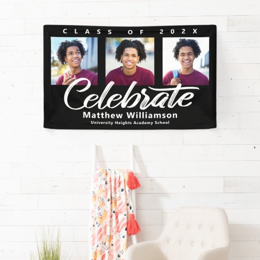 Zwart Afstuderen 3 Foto vet Wit Script Minimaal Spandoek (Insitu)