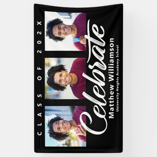 Zwart Afstuderen 3 Foto vet Wit Script Minimaal Spandoek (Verticaal)