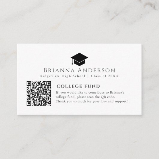 Zwart Afstuderen Cap Minimal White College Fund Informatiekaartje (Voorkant)