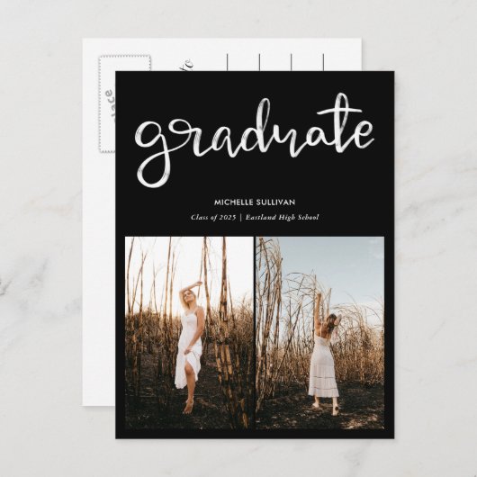 Zwart Afstuderen Elegant Script | Afstudeerder twe Aankondigingskaart (Voorkant / Achterkant)