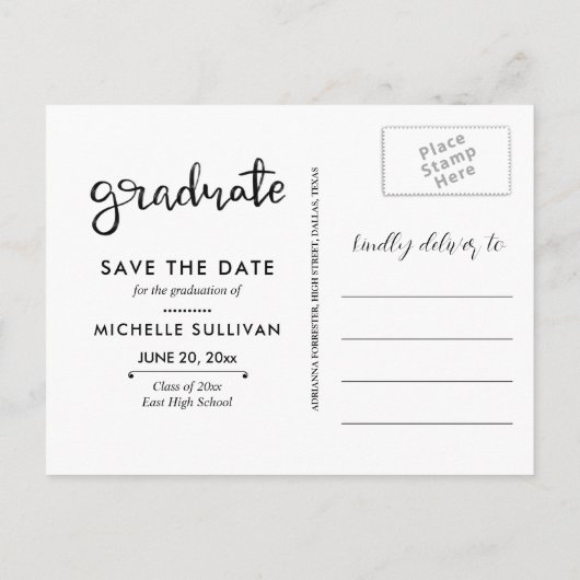 Zwart Afstuderen Elegant Script | Afstudeerder twe Aankondigingskaart (Achterkant)