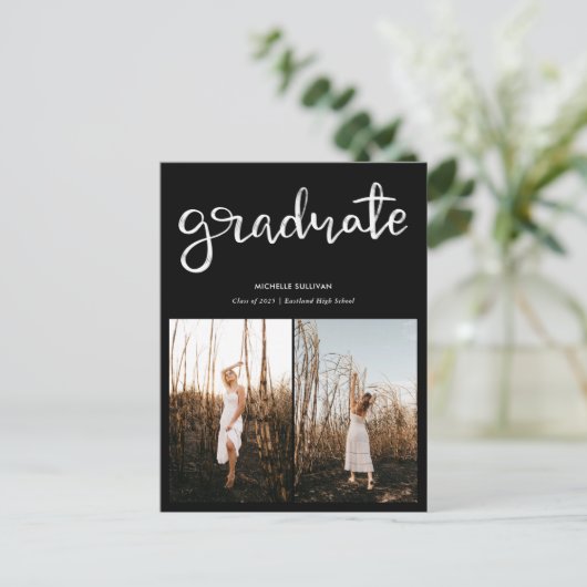 Zwart Afstuderen Elegant Script | Afstudeerder twe Aankondigingskaart (Staand voorkant)