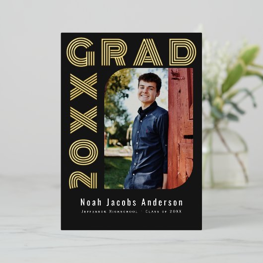 Zwart Afstuderen Folie Afstuderen Fotoaankondiging Folie Uitnodiging (Staand Voorkant)