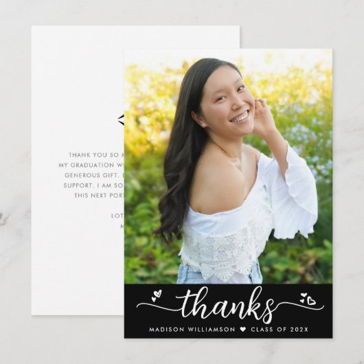 Zwart Afstuderen Foto Modern Elegant Script Heart Bedankkaart (Voorkant / Achterkant)