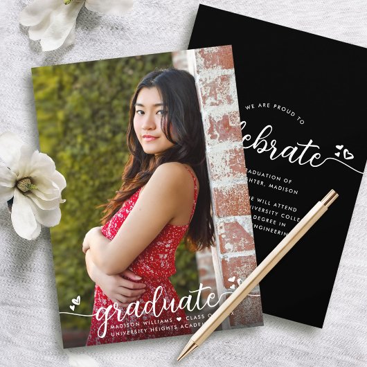 Zwart Afstuderen Foto Moderne kalligrafie harten Aankondiging