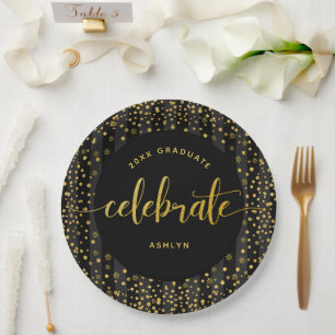 Zwart afstuderen goud glitter script confetti naam papieren bordje