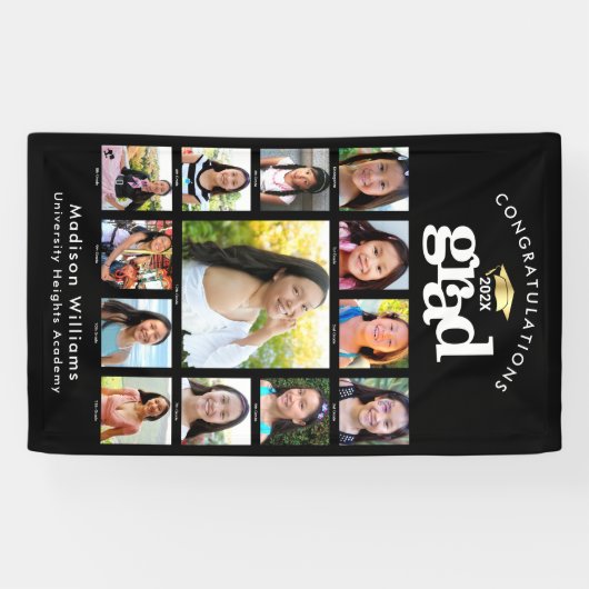Zwart Afstuderen K-12 Fotocollage Bold Modern Spandoek (Horizontaal)