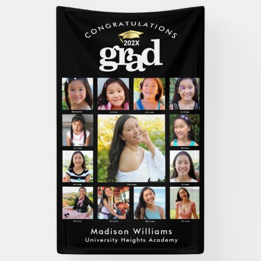 Zwart Afstuderen K-12 Fotocollage Bold Modern Spandoek (Verticaal)