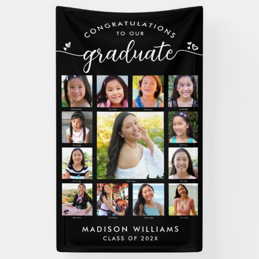 Zwart Afstuderen K-12 Modern Script Photo Collage Spandoek (Verticaal)