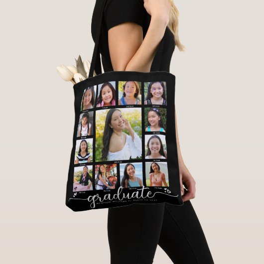 Zwart Afstuderen K-12 Modern Script Photo Collage Tote Bag (Dichtbij)