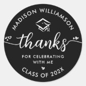 Zwart Afstuderen Modern Bedankt Script Heart Pet Ronde Sticker (Voorkant)