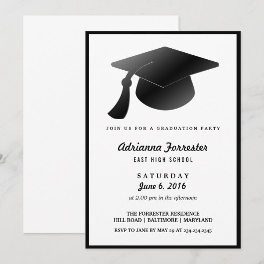 Zwart Afstuderen Pet Modern Graduation Party Kaart (Voorkant / Achterkant)