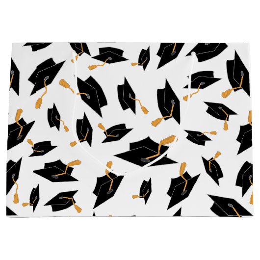 Zwart Afstuderen Petten Patroon op wit Groot Cadeauzakje (Voorkant)