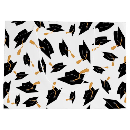 Zwart Afstuderen Petten Patroon op wit Groot Cadeauzakje (Achterkant)