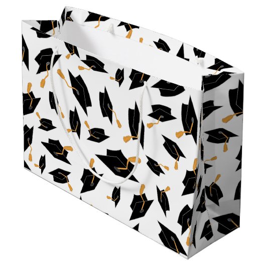 Zwart Afstuderen Petten Patroon op wit Groot Cadeauzakje (Achterkant Gekanteld)