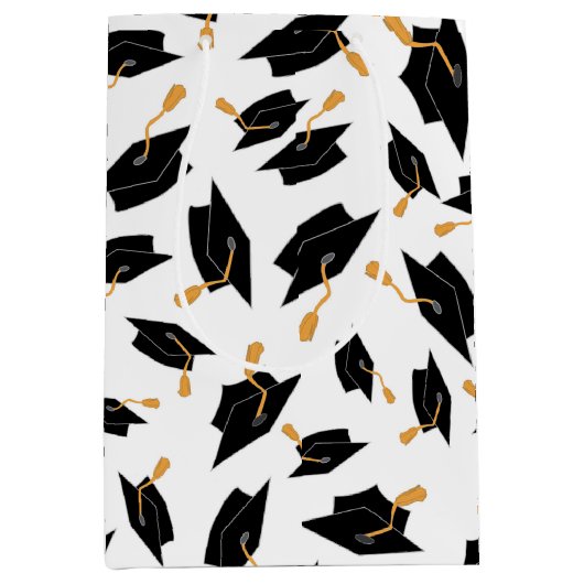 Zwart Afstuderen Petten Patroon op wit Medium Cadeauzakje (Voorkant)