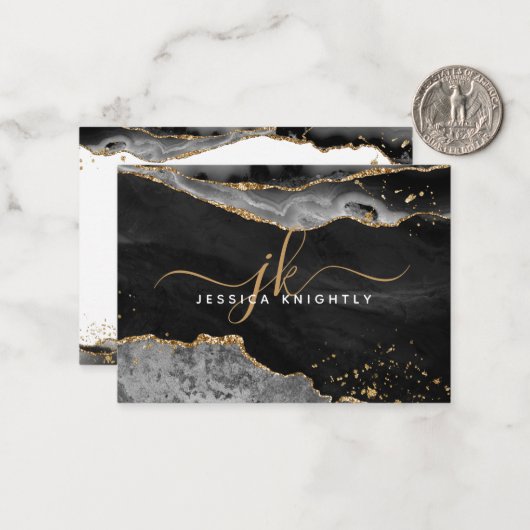 Zwart Agaat Geode Goud Glitter Monogram Script Notitiekaartje (Voorkant / Achterkant in situ)