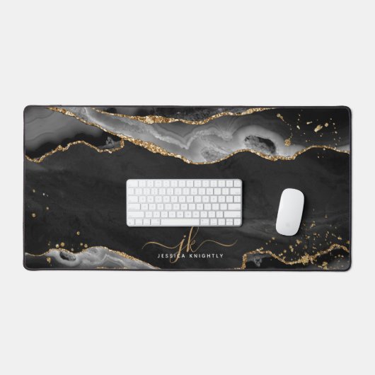 Zwart Agaat Geode Monogram Goud Script Bureaumat (Keyboard & Muis)
