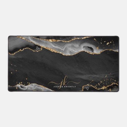 Zwart Agaat Geode Monogram Goud Script Bureaumat (Voorkant)