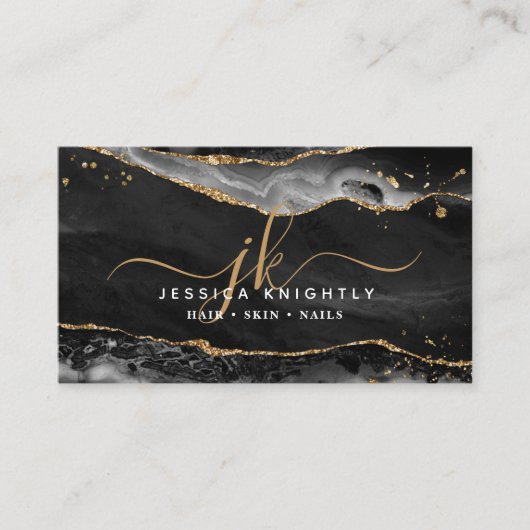 Zwart Agaat Geode Monogram Goud Script Visitekaartje (Voorkant)