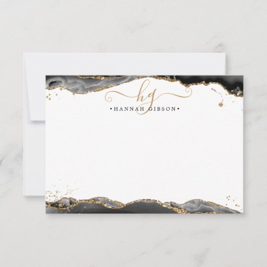 Zwart Agaat Geode Monogram Script Gold Glitter Notitiekaartje (Voorkant)