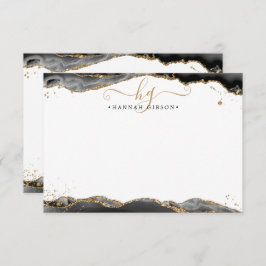 Zwart Agaat Geode Monogram Script Gold Glitter Notitiekaartje
