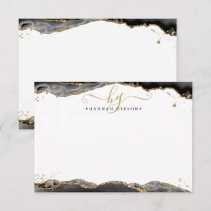 Zwart Agaat Geode Monogram Script Gold Glitter Notitiekaartje