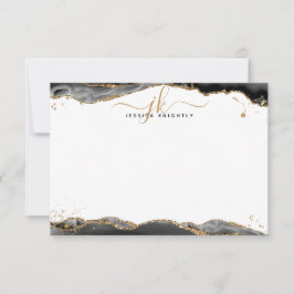 Zwart Agaat Geode Script Monogram Goud Glitter Nie Notitiekaartje