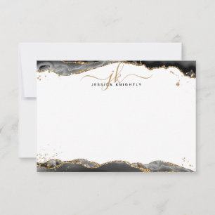 Zwart Agaat Geode Script Monogram Goud Glitter Nie Notitiekaartje