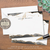 Zwart Agaat Geode Script Monogram Gouden Glitter Notitiekaartje