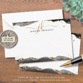 Zwart Agaat Geode Script Monogram Gouden Glitter Notitiekaartje