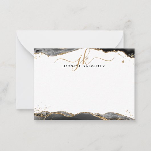 Zwart Agaat Geode Script Monogram Gouden Glitter Notitiekaartje (Voorkant)