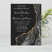 Zwart Agaat Goud Glitter Luxe Bruiloft Uitnodiging (Staand voorkant)