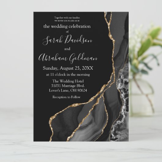 Zwart Agaat Goud Glitter Luxe Bruiloft Uitnodiging (Staand voorkant)