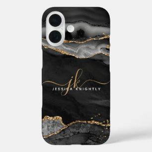 Zwart Agaat Goud Glitter Script Monogram iPhone 16 Hoesje