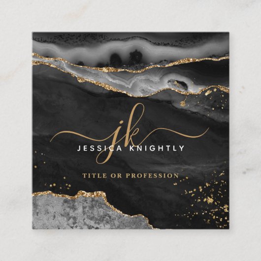 Zwart Agaat Goud Glitter Script Monogram Vierkante Visitekaartje (Voorkant)