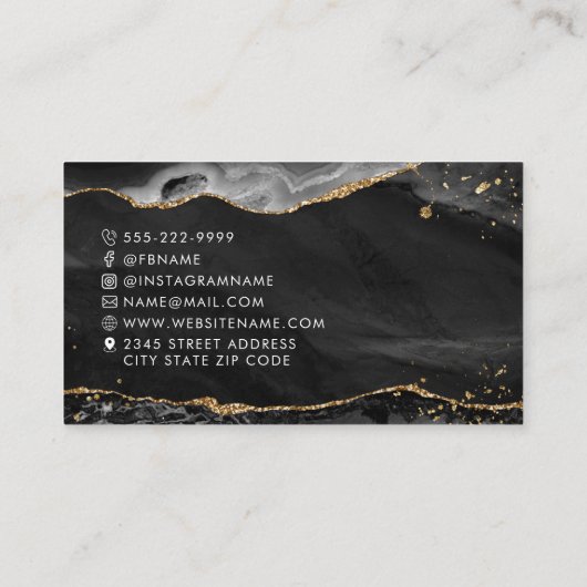 Zwart Agaat Goud Glitter Script Monogram Visitekaartje (Achterkant)